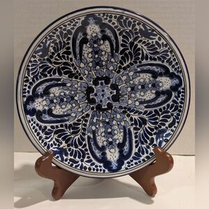 Hand Painted Puebla Talavera Collection Blue White Ceramic Dinner Plate.